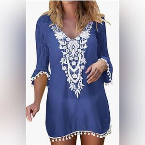 Women Trim Tassel Lace Crochet Swimwear Beach Cover Up Blue S See Description